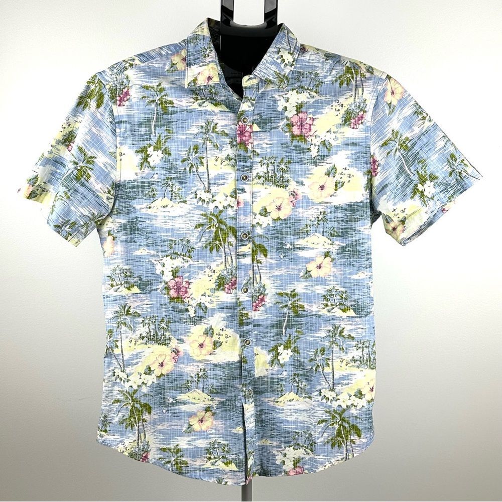 Denim & Flower Mens SZ M Hawaiian Shirt Blue Floral Tropical Button Front